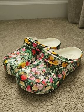 CROCS Floral Garden Clogs in Pink, Green & Yellow